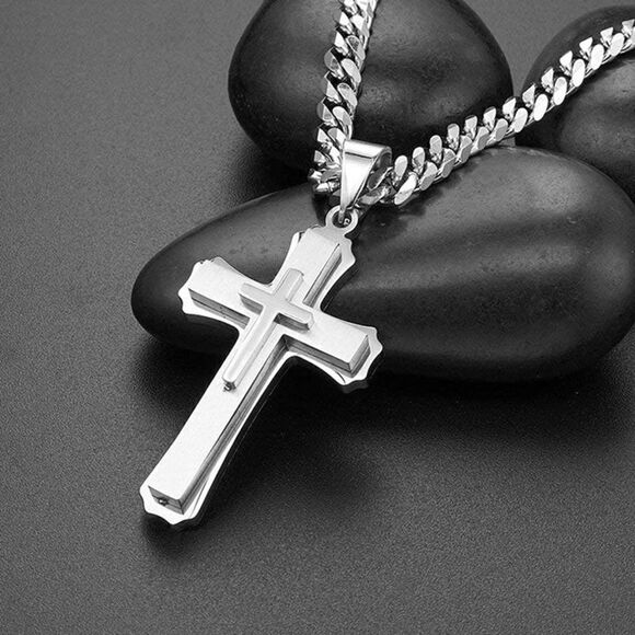 Men’s Silver Cross Cuban Chain Necklace - Picture 1 of 8
